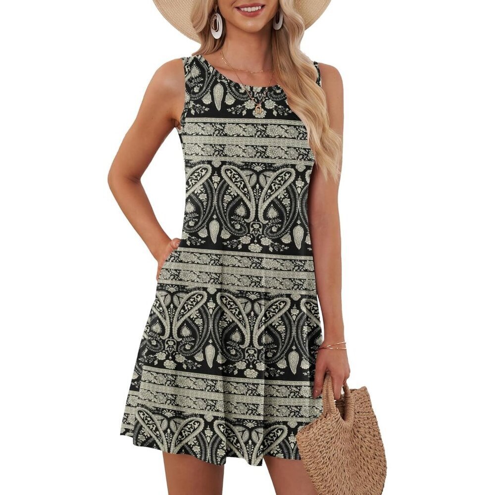Women's Floral Black Sleeveless Crew Neck Summer Boho Beach Dress with Pockets
